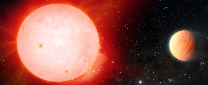 Impresión artística del planeta gaseoso ultra esponjoso orbitando una estrella enana roja