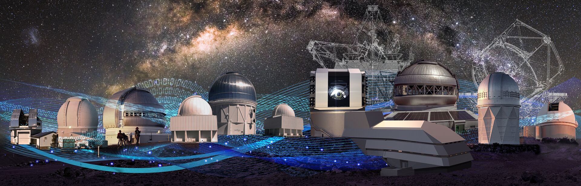 Artistic representation of NOIRLab domes and services with a picture of the Milky Way in the background.