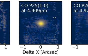 Emission map of the CO fundamental ro-vibrational P22 transition at 4.8760 μm; P25 at 4.909 μm, and P26 at 4.920 μm.