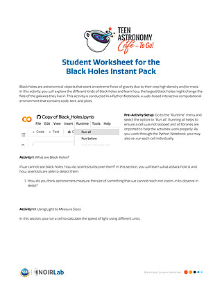 Educational Material:  Student Worksheet for the Black Holes Instant Pack