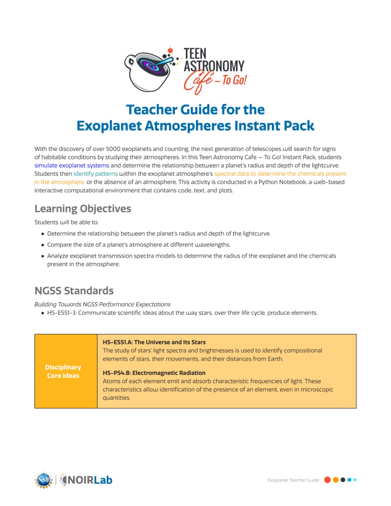 Educational Material: Teacher Guide for the Exoplanet Atmospheres Instant Pack