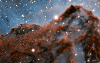 Carina Nebula western wall (with and without adaptive optics)