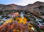 Aerial view of Pisco Elqui, with its square illuminated new dark-sky-compliant lighting.