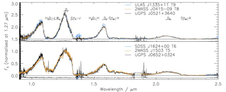 The GNIRS spectrum of the cool brown dwarf UGPS J0521+3640 (black) is intermediate between types T8 and T9