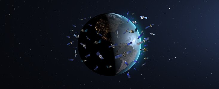 >Constellation satellites in low Earth orbits (artist’s impression, not to scale)
