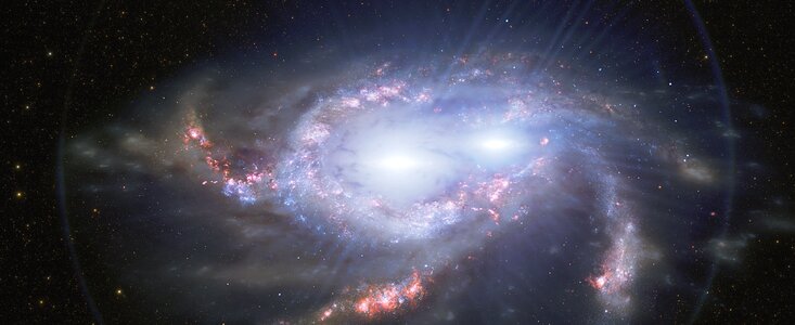 Ilustración de quásares dobles en galaxias en fusión