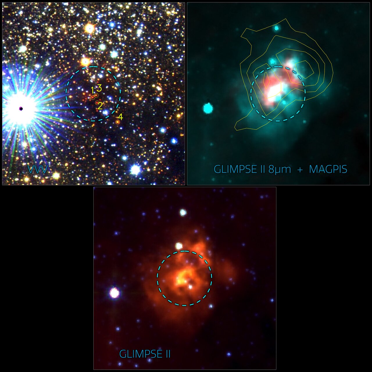 Three images of VVVCL177 and its HII region