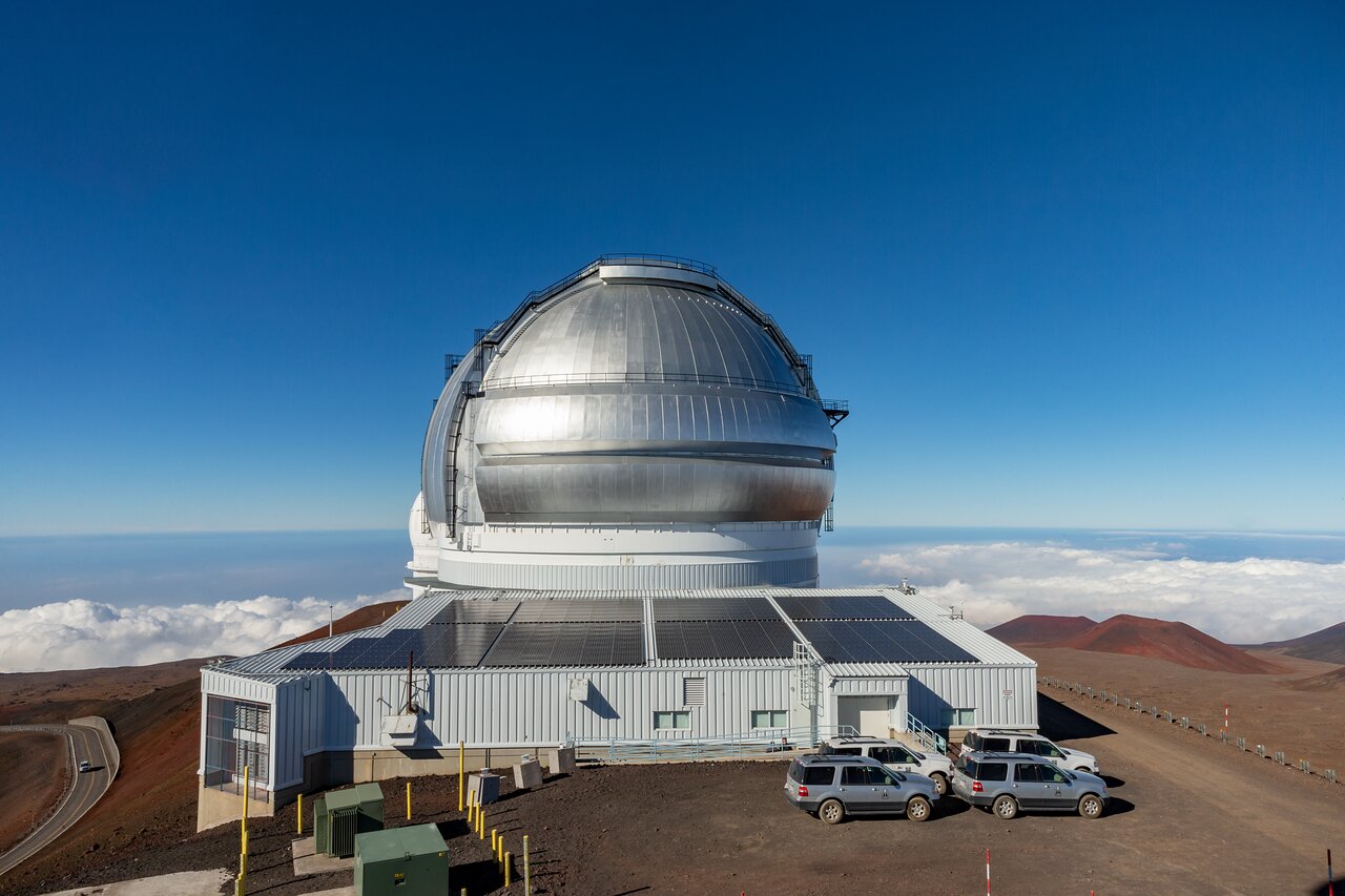 This image of the Gemini North telescope shows the solar panels used to help power the facility. Gemini North was built on the site of an earlier decommissioned telescope, which lessened the impact of the facility on the mountain.