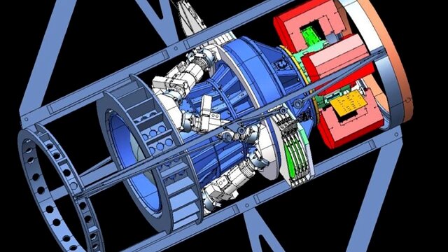 Model rendering of the Dark Energy Camera (DECam), showing all the major components: optics cage (blue rings at lower left), hexapod (white, diagonally oriented tubular structures near center), shutter (white, flat element near top right and above hexapod), filters (green, to right of hexapod), imager (between red boxes at right).