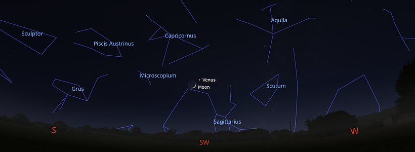 El cielo nocturno desde Tucson el 4 de diciembre aproximadamente una hora después de la puesta de Sol. Hilo tendrá una vista similar, mientras que los observadores de La Serena deberán mirar hacia el oeste.