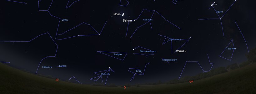 El cielo nocturno desde Tucson el 8 de diciembre aproximadamente una hora después de la puesta de Sol. Los observadores de Hilo deben mirar hacia el suroeste, mientras que los de La Serena deben hacerlo hacia el noroeste.