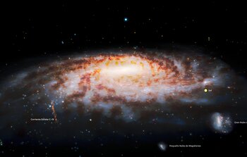 Labeled Illustration of Primordial Stellar Stream near Milky Way (Spanish)