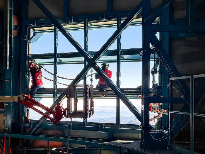 Work on the inside of the Vera C. Rubin Observatory dome