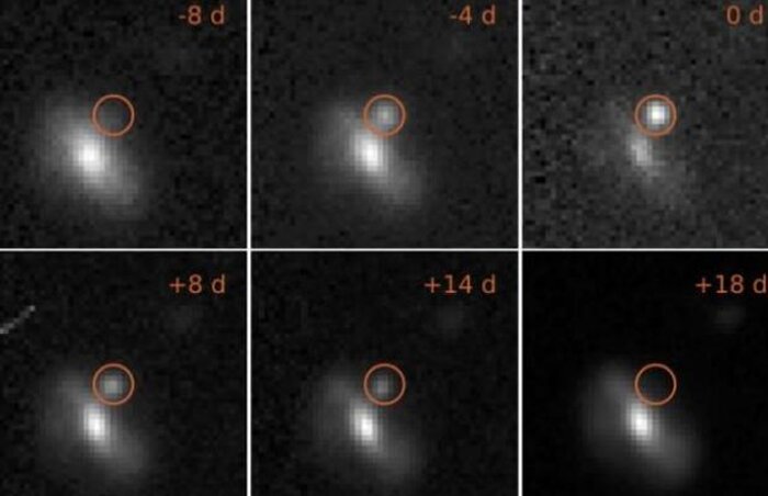 Images of one of the transient events, from eight days before the maximum brightness to 18 days afterwards.