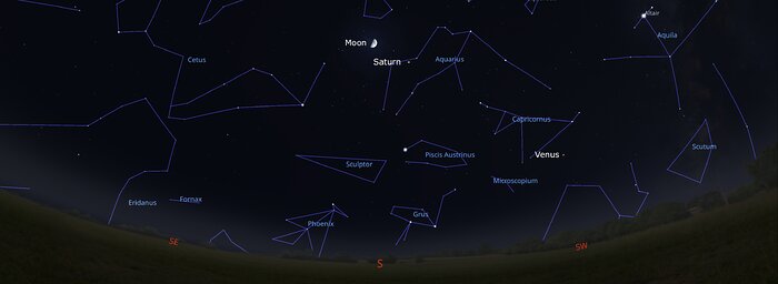 The night sky from Tucson on 8 December about an hour after sunset. Hilo viewers will look southwest, while La Serena viewers will look northwest.