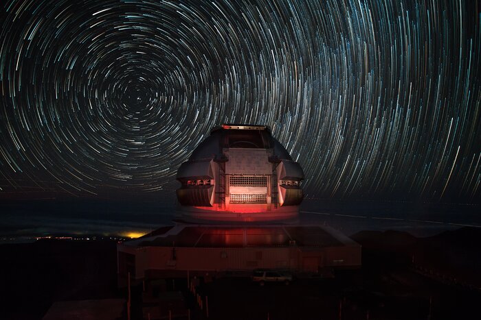 Maunakea Star Trails Over Gemini North's Photo Voltaic Panels