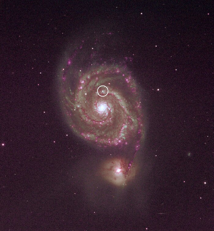 Spiral Galaxy M51, with the supernova circled
