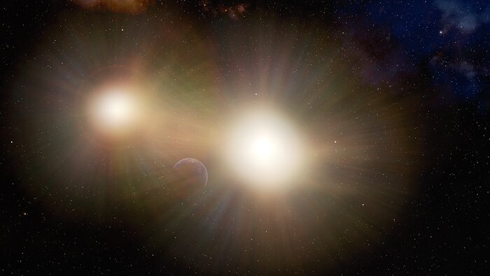 Un planeta perdido en el brillo de sus estrellas binarias (ilustración)