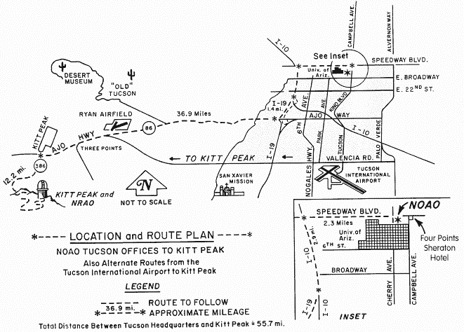 Cropped thumbnail of a larger map image of part of Tucson highlighting NOAO/UA, Kitt Peak, Tucson International Airport and the Doubletree Hotel